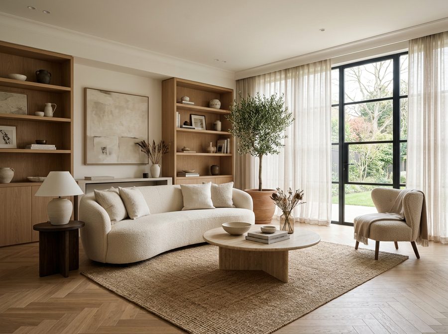 Modern eingerichtetes Wohnzimmer (KI-generiertes Bild)