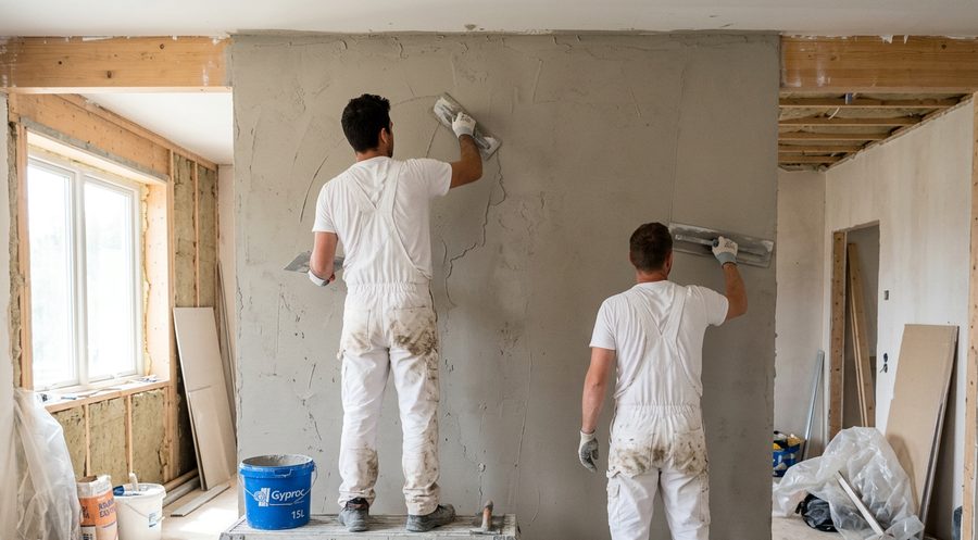 Handwerker verputzen eine Wand (KI-generiertes Bild)